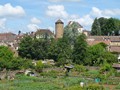 Mitten im Ort ein riesiger Schrebergarten.
In der Mitte ist der Diamantturm zu sehen, rechts der Turm Karl´s des Kühnen.